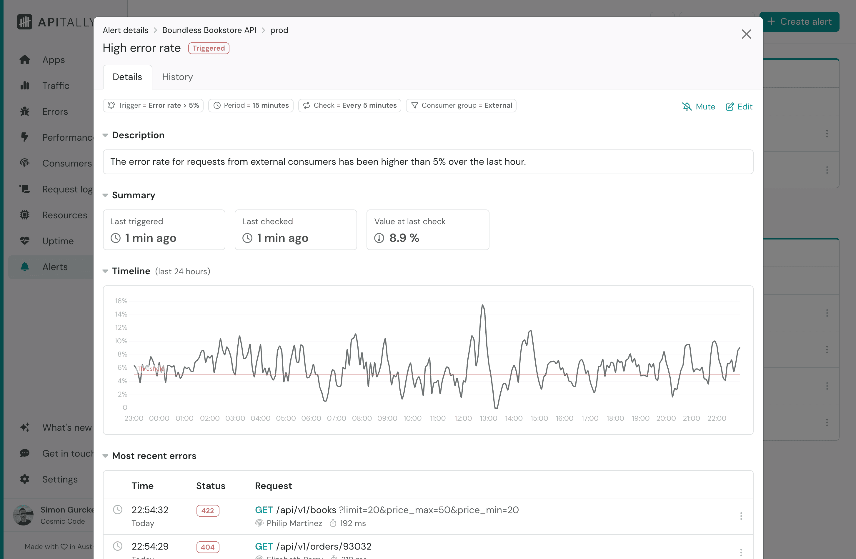 Screenshot of custom alert in Apitally